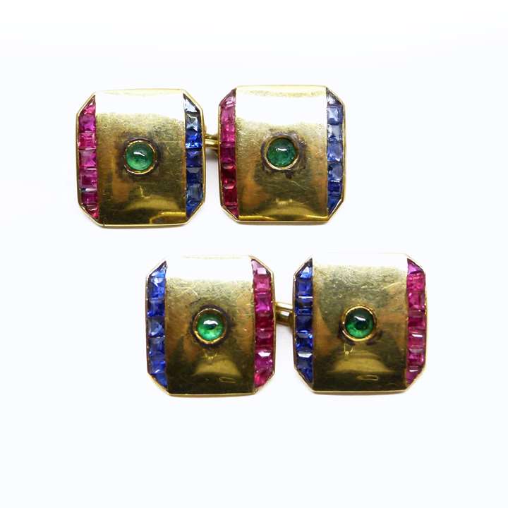 Pair of gold, ruby, sapphire and emerald cufflinks